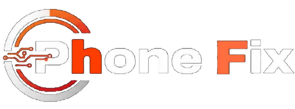 Phone Fix logo for professional phone repair services in North Carolina featuring a tech-inspired circuit design.